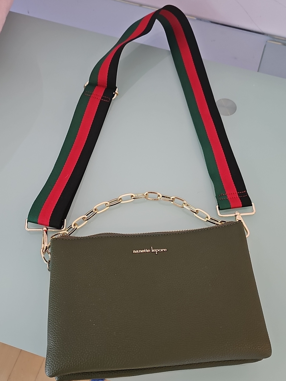 nanette lepore Olive Leather Crossbody Bag with Striped Strap